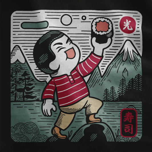Cheerful character with sushi and striped shirt on black fabric, sushi t-shirt, whimsical illustration.