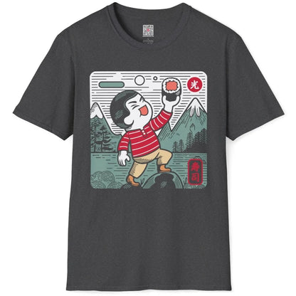 Dark heather flatlay t-shirt featuring smiling sushi character, sushi shirt, retro cartoon.