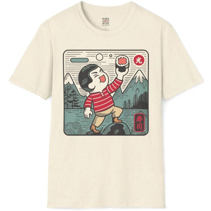 Natural flatlay t-shirt with cheerful sushi scene, sushi t-shirt, Japanese style cartoon.